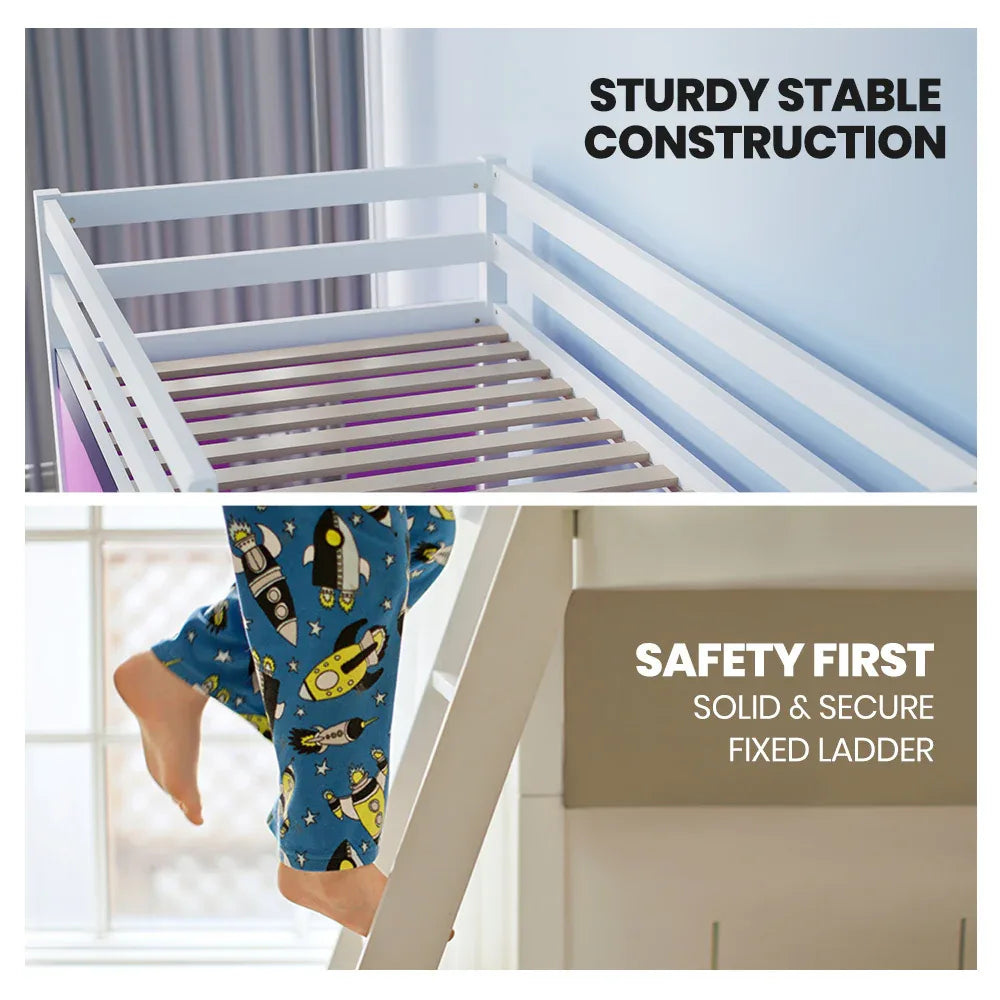 Kingston Slumber Wooden Kids Single Loft Bed Frame - Hiding Space Underneath with Interchangeable Pink and Blue Curtains - Mekamart Australia