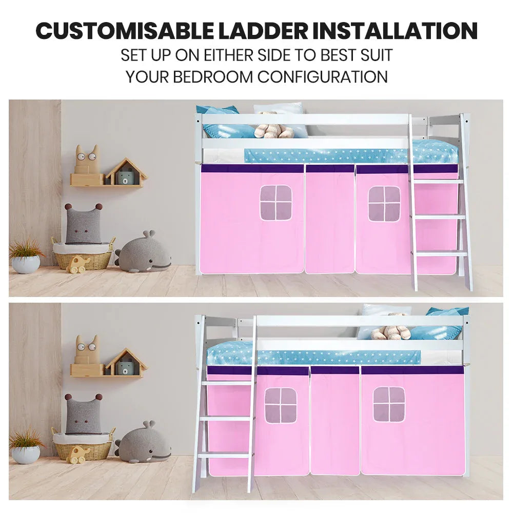 Kingston Slumber Wooden Kids Single Loft Bed Frame - Hiding Space Underneath with Interchangeable Pink and Blue Curtains - Mekamart Australia