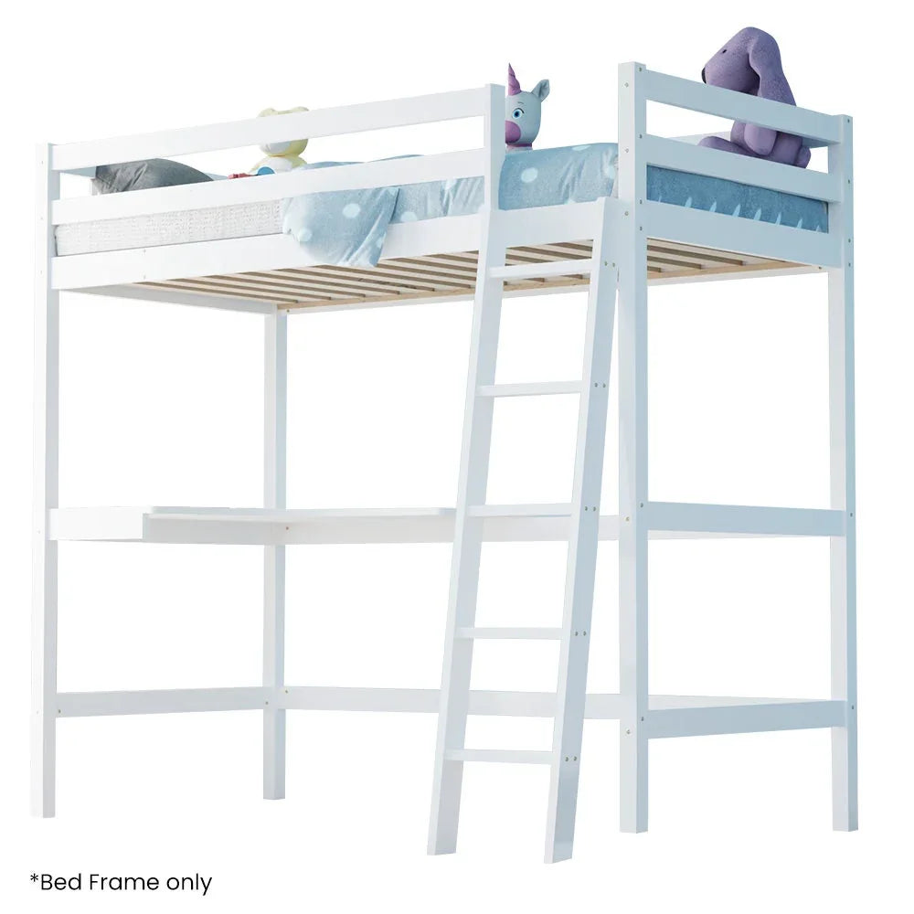 KINGSTON SLUMBER Wooden Kids Single Loft Bed Frame with Desk - White - Mekamart Australia