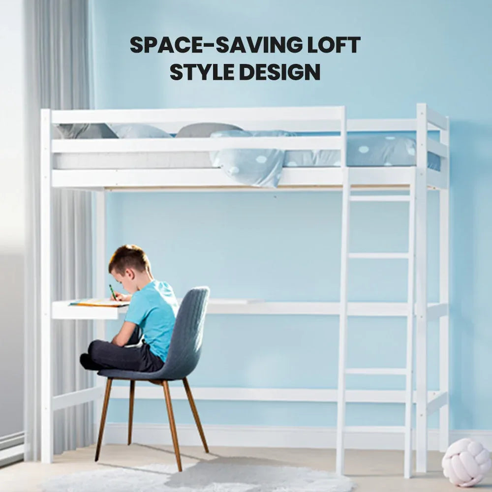 KINGSTON SLUMBER Wooden Kids Single Loft Bed Frame with Desk - White - Mekamart Australia
