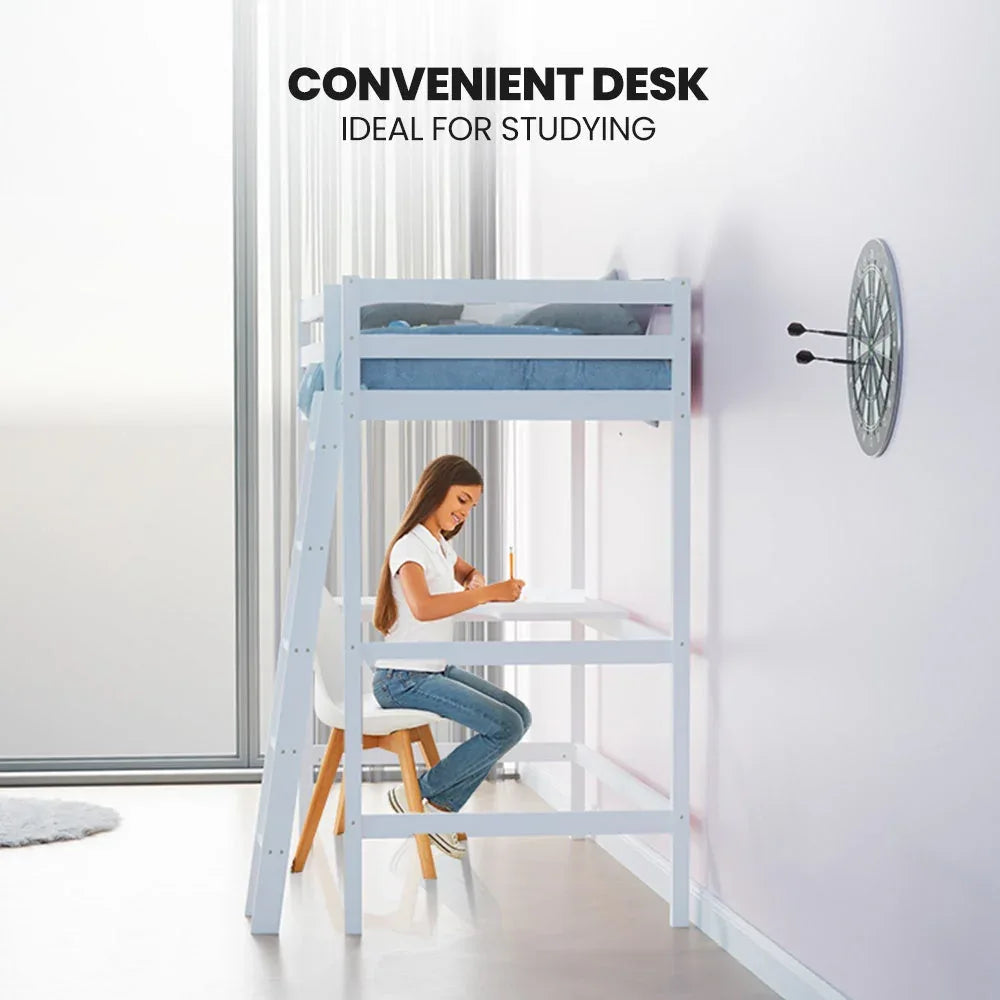 KINGSTON SLUMBER Wooden Kids Single Loft Bed Frame with Desk - White - Mekamart Australia