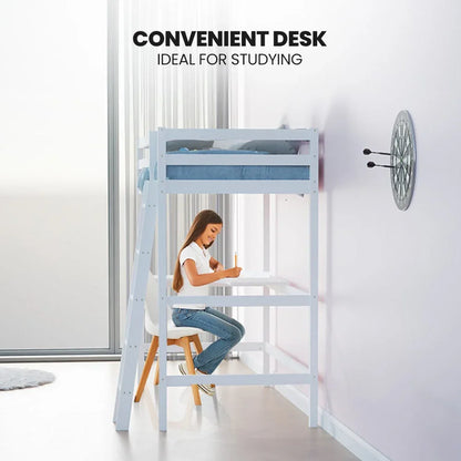 KINGSTON SLUMBER Wooden Kids Single Loft Bed Frame with Desk - White - Mekamart Australia