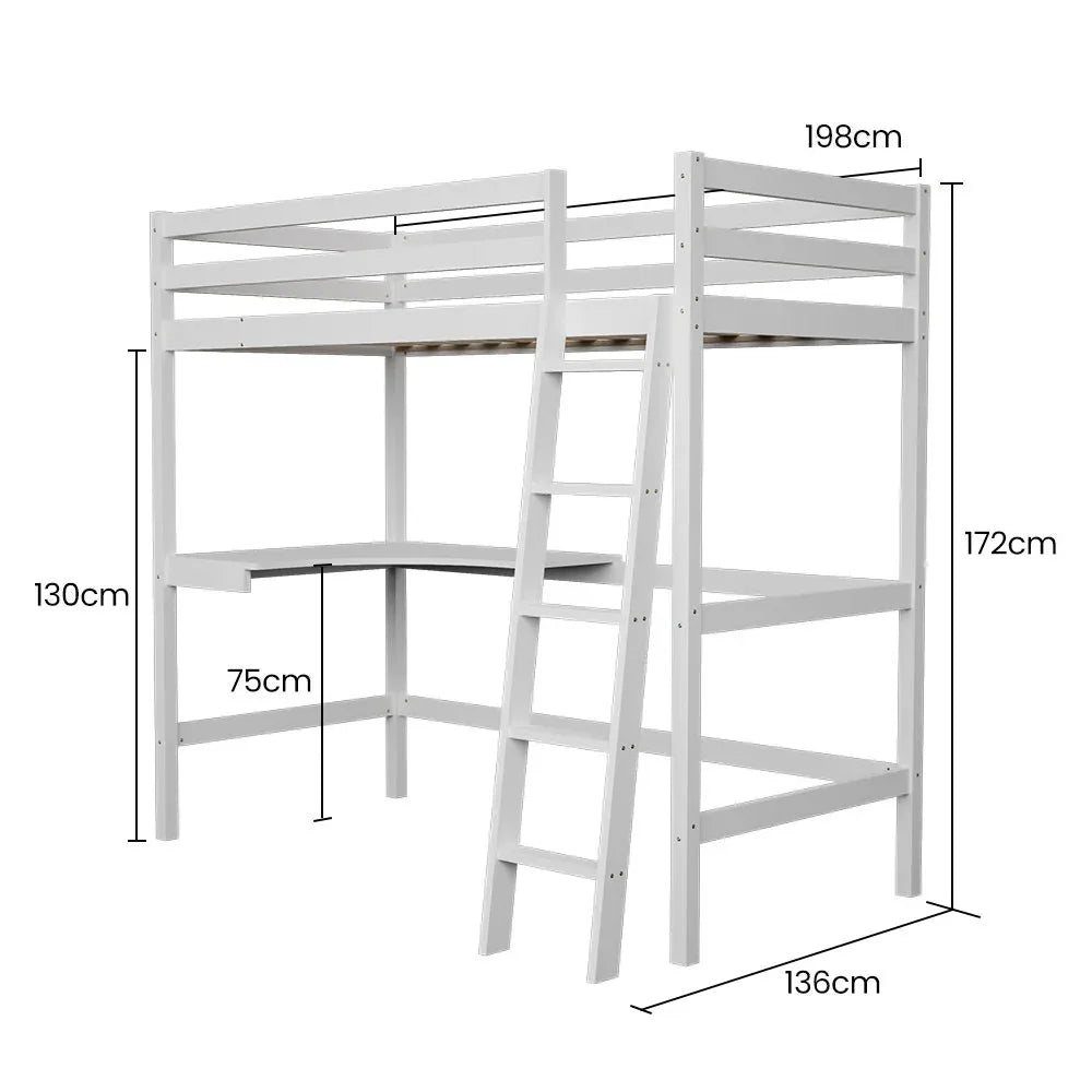 KINGSTON SLUMBER Wooden Kids Single Loft Bed Frame with Desk - White - Mekamart Australia