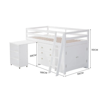 KINGSTON SLUMBER Wooden Kids Single Loft Bed Frame with Pull Out Desk, Storage Drawers, Cabinet - White - Mekamart Australia