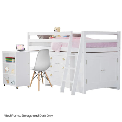 KINGSTON SLUMBER Wooden Kids Single Loft Bed Frame with Pull Out Desk, Storage Drawers, Cabinet - White - Mekamart Australia