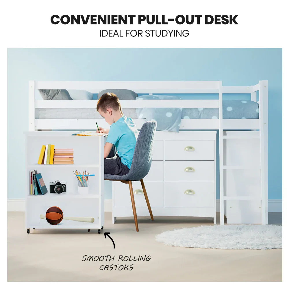 KINGSTON SLUMBER Wooden Kids Single Loft Bed Frame with Pull Out Desk, Storage Drawers, Cabinet - White - Mekamart Australia