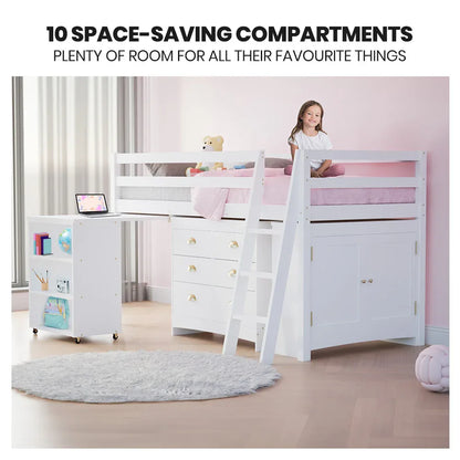 KINGSTON SLUMBER Wooden Kids Single Loft Bed Frame with Pull Out Desk, Storage Drawers, Cabinet - White - Mekamart Australia