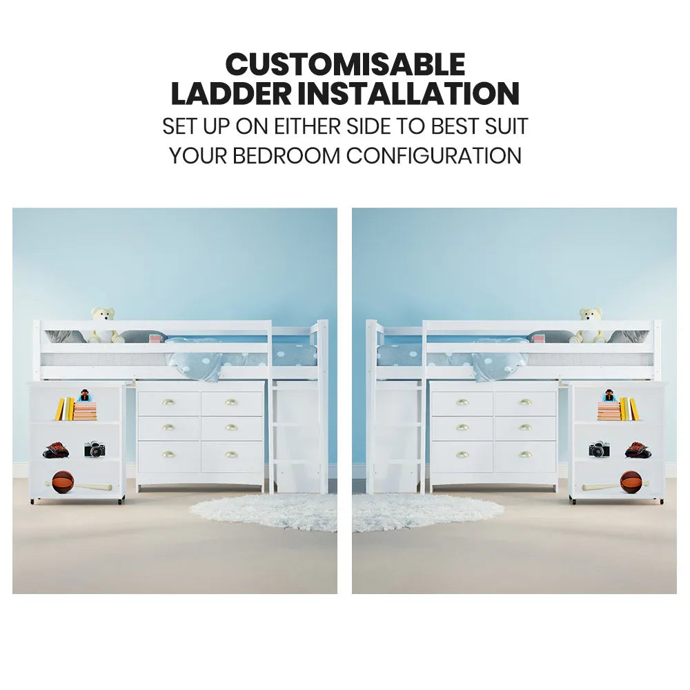 KINGSTON SLUMBER Wooden Kids Single Loft Bed Frame with Pull Out Desk, Storage Drawers, Cabinet - White - Mekamart Australia