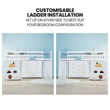 KINGSTON SLUMBER Wooden Kids Single Loft Bed Frame with Pull Out Desk, Storage Drawers, Cabinet - White - Mekamart Australia