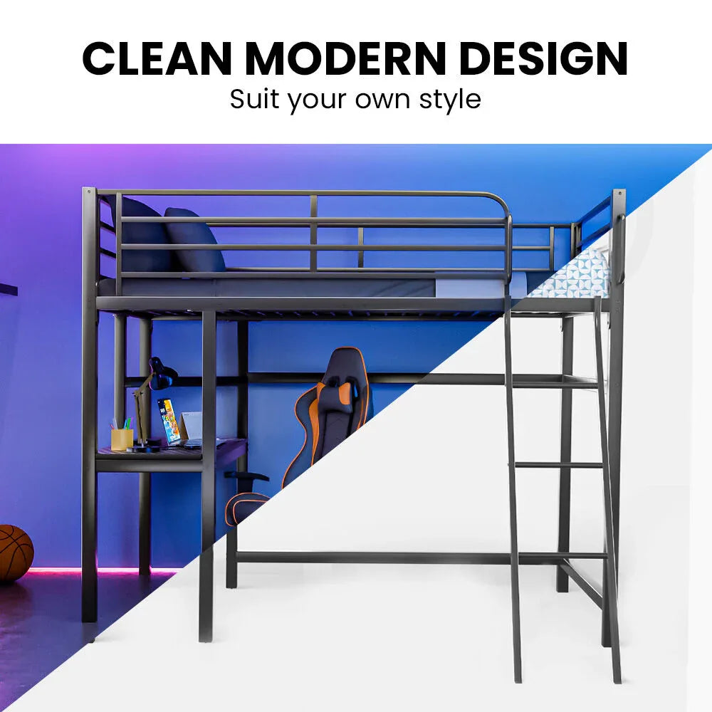 Gaming Loft Bed with Desk, Steel Metal Frame, Space Saving Design, for Single Mattress, Matte Dark Grey - Mekamart Australia