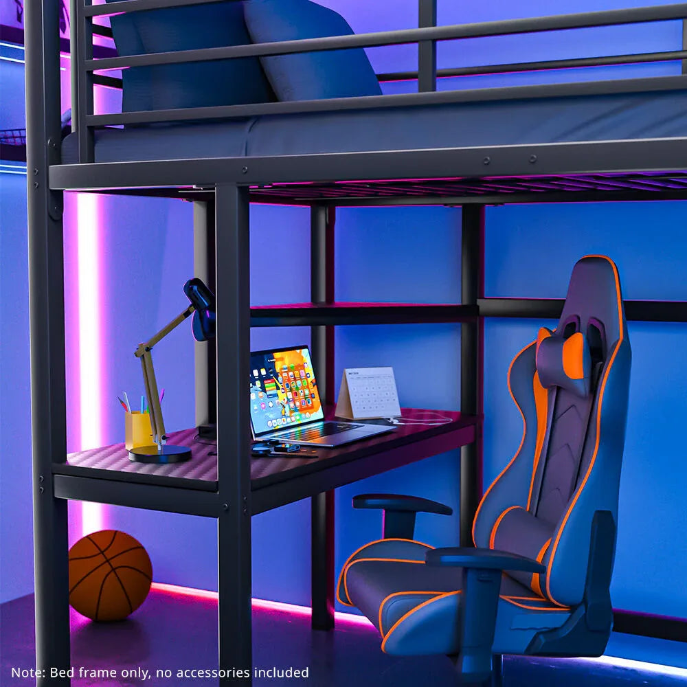 Gaming Loft Bed with Desk, Steel Metal Frame, Space Saving Design, for Single Mattress, Matte Dark Grey - Mekamart Australia