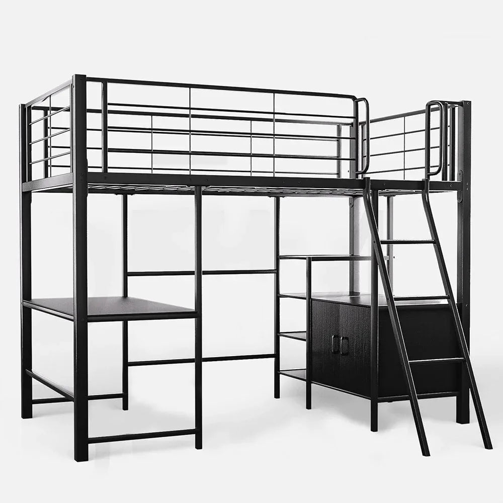 Gaming Loft Bed with Desk and Storage Cabinet, Steel Metal Frame, Space Saving Design, for Single Mattress, Matte Dark Grey - Mekamart Australia