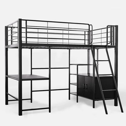 Gaming Loft Bed with Desk and Storage Cabinet, Steel Metal Frame, Space Saving Design, for Single Mattress, Matte Dark Grey - Mekamart Australia