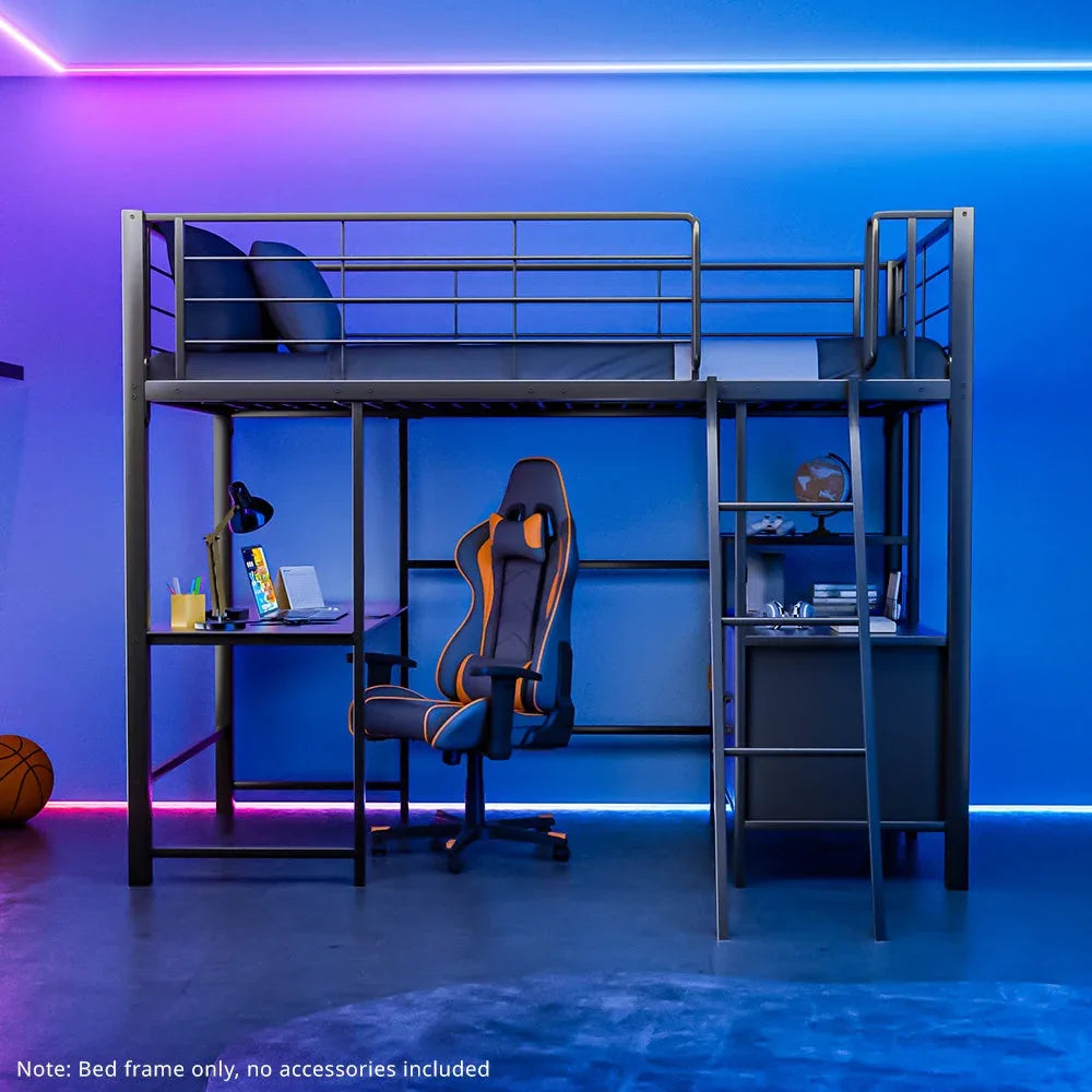 Gaming Loft Bed with Desk and Storage Cabinet, Steel Metal Frame, Space Saving Design, for Single Mattress, Matte Dark Grey - Mekamart Australia