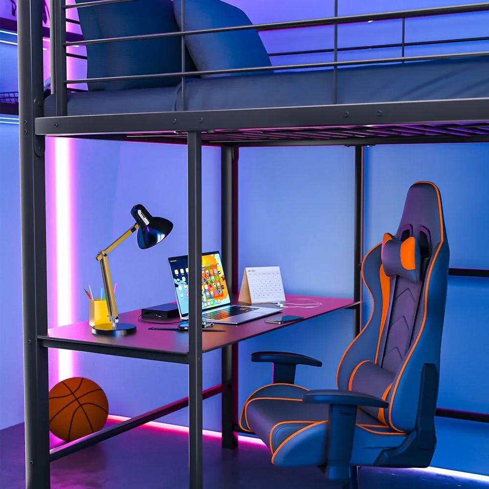 Gaming Loft Bed with Desk and Storage Cabinet, Steel Metal Frame, Space Saving Design, for Single Mattress, Matte Dark Grey - Mekamart Australia