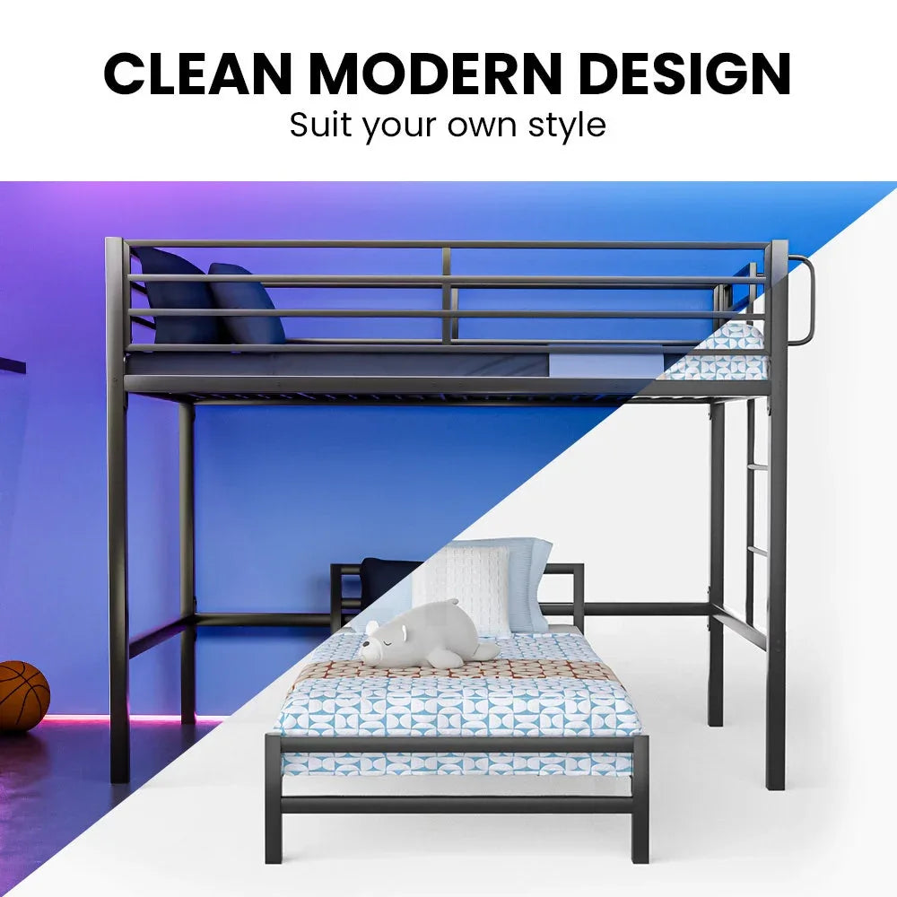 KINGSTON SLUMBER Single Loft Bed And Single Underbed, Multifunctional, Space Saving with Fixed Ladder, Matte Dark Grey - Mekamart Australia