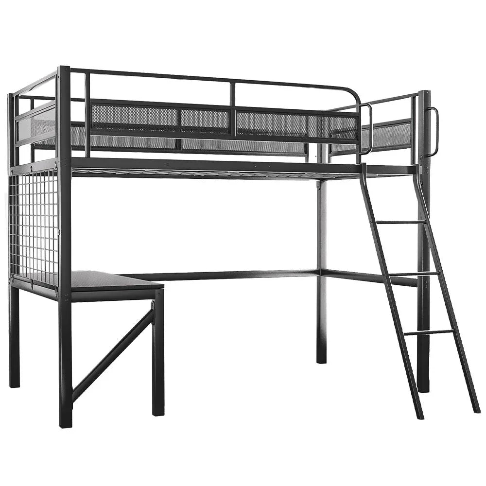 Gaming Loft Bed with Desk, Gridwall, Steel Metal Frame, Space Saving Design, for Single Mattress, Matte Dark Grey - Mekamart Australia