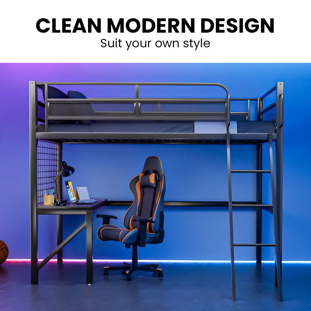 Gaming Loft Bed with Desk, Gridwall, Steel Metal Frame, Space Saving Design, for Single Mattress, Matte Dark Grey - Mekamart Australia