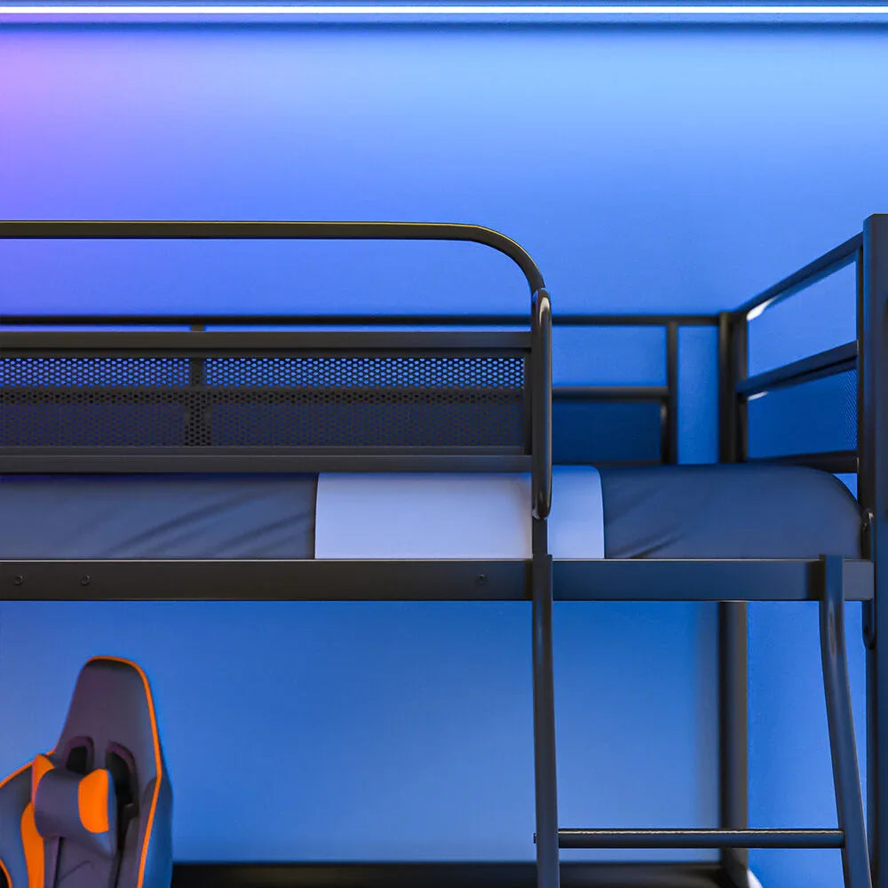 Gaming Loft Bed with Desk, Gridwall, Steel Metal Frame, Space Saving Design, for Single Mattress, Matte Dark Grey - Mekamart Australia