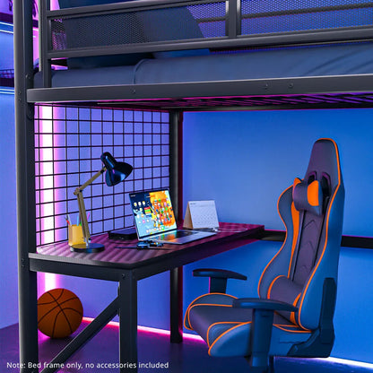 Gaming Loft Bed with Desk, Gridwall, Steel Metal Frame, Space Saving Design, for Single Mattress, Matte Dark Grey - Mekamart Australia
