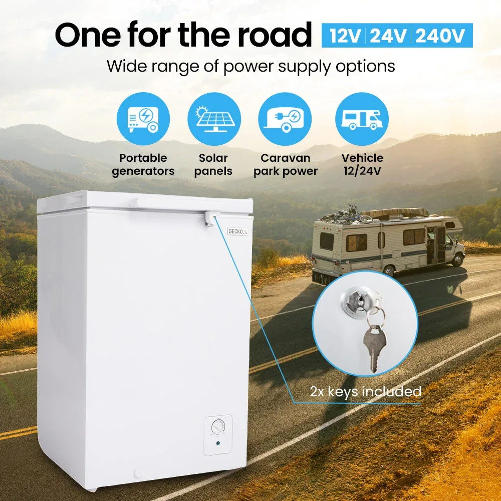 GECKO 100L Portable Chest Freezer, 12V/24V/240V for Motorhome and Caravan, White - Mekamart Australia