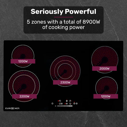 EuroChef 90cm 5 Zone Ceramic Cooktop, 8900W Electric, FlexiZone Adjustable Size Hobs, Touch Controls - Mekamart Australia