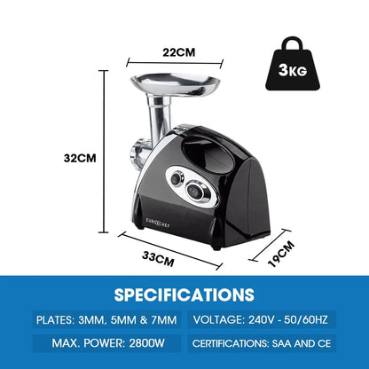 EUROCHEF Electric Meat Grinder, Stainless Steel Mincer Sausage Filler Kibbe Maker, Black - Mekamart Australia