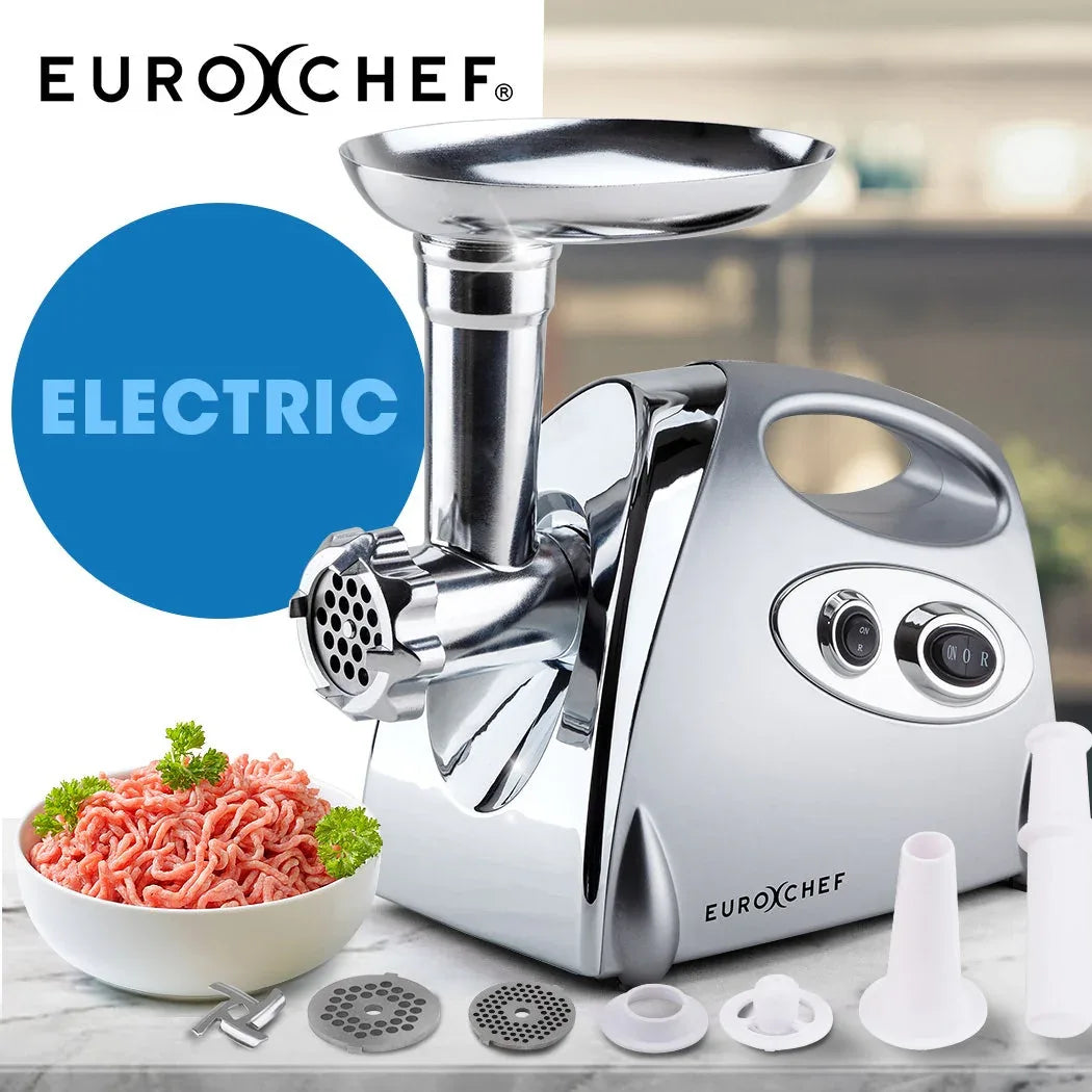 EUROCHEF Electric Meat Grinder, Stainless Steel Mincer Sausage Filler Kibbe Maker, Silver - Mekamart Australia