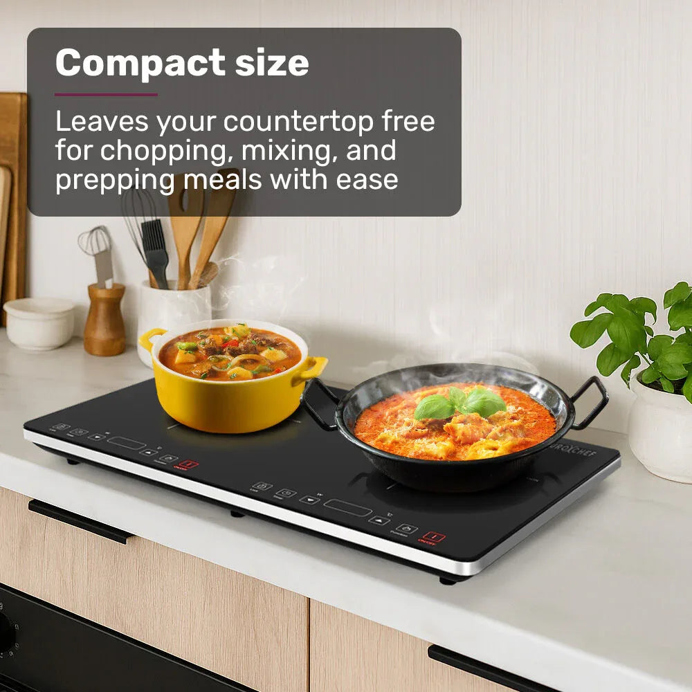 EUROCHEF Double Induction Cooktop, 9 Heat Levels, Fast Electric Portable Cooker, Touch Controls, Standard 10A Power Plug - Mekamart Australia