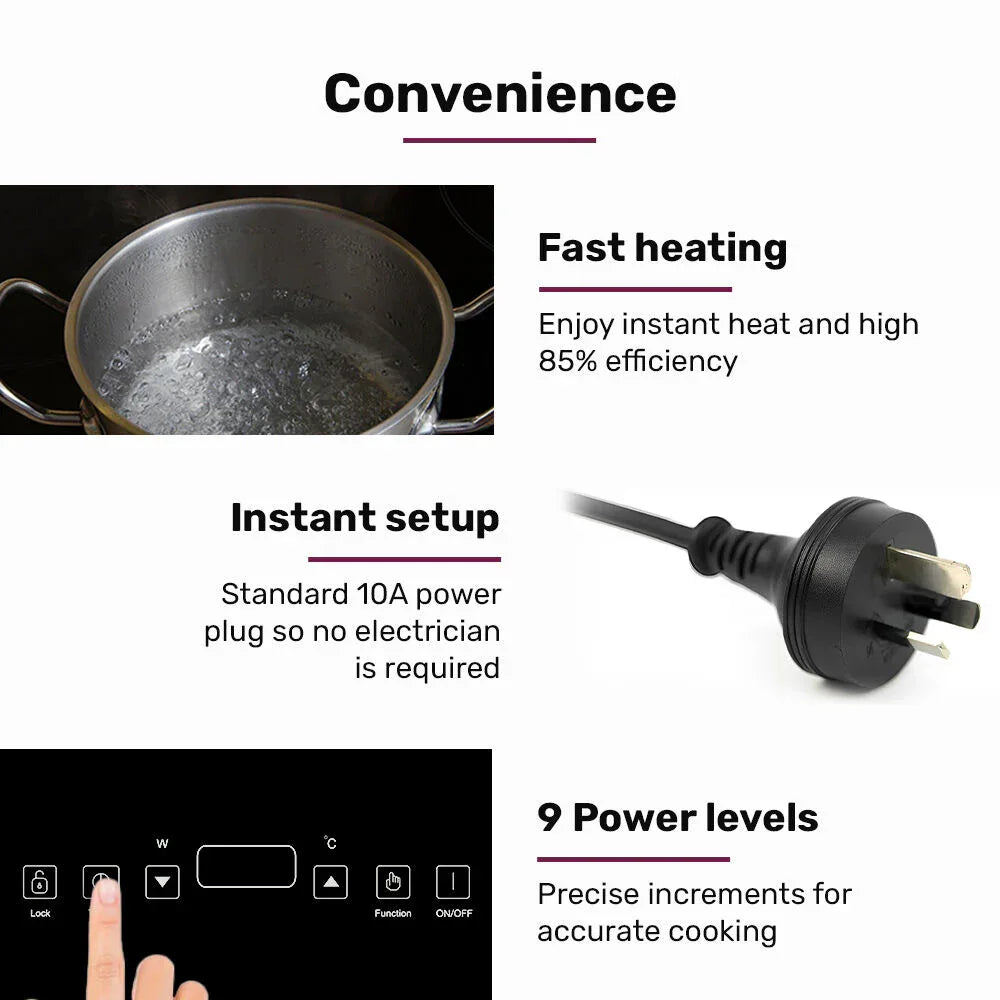 EUROCHEF Double Induction Cooktop, 9 Heat Levels, Fast Electric Portable Cooker, Touch Controls, Standard 10A Power Plug - Mekamart Australia
