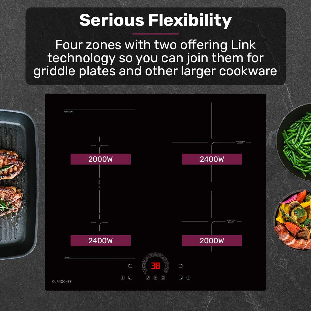 EUROCHEF 60cm 4 Zone Induction Cooktop, 7200W Electric, FlexZone Function, Touch Controls - Mekamart Australia