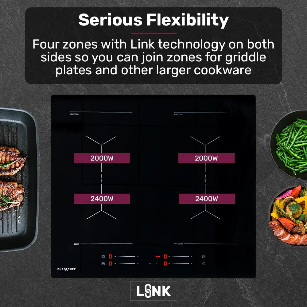 EuroChef 60cm 4 Zone Induction Cooktop, 7200W Electric, Dual Link Bridged Zone Hobs, Touch Controls - Mekamart Australia