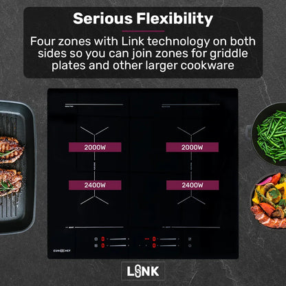 EuroChef 60cm 4 Zone Induction Cooktop, 7200W Electric, Dual Link Bridged Zone Hobs, Touch Controls - Mekamart Australia