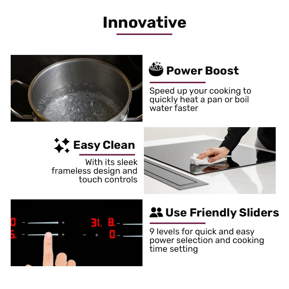 EuroChef 60cm 4 Zone Induction Cooktop, 7200W Electric, Dual Link Bridged Zone Hobs, Touch Controls - Mekamart Australia
