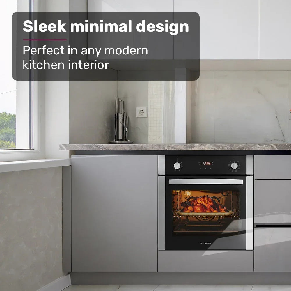EuroChef 60cm Stainless Built-in 70L Grill 8 Function Fan Forced Electric Wall Oven - Mekamart Australia