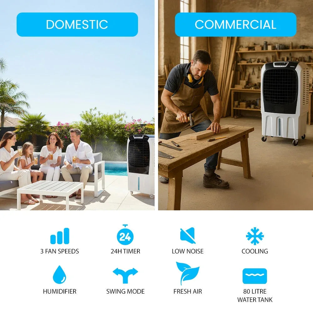 POLYCOOL 450W 80L Evaporative Air Cooler, Commercial Grade, Remote Control, Fan - Mekamart Australia