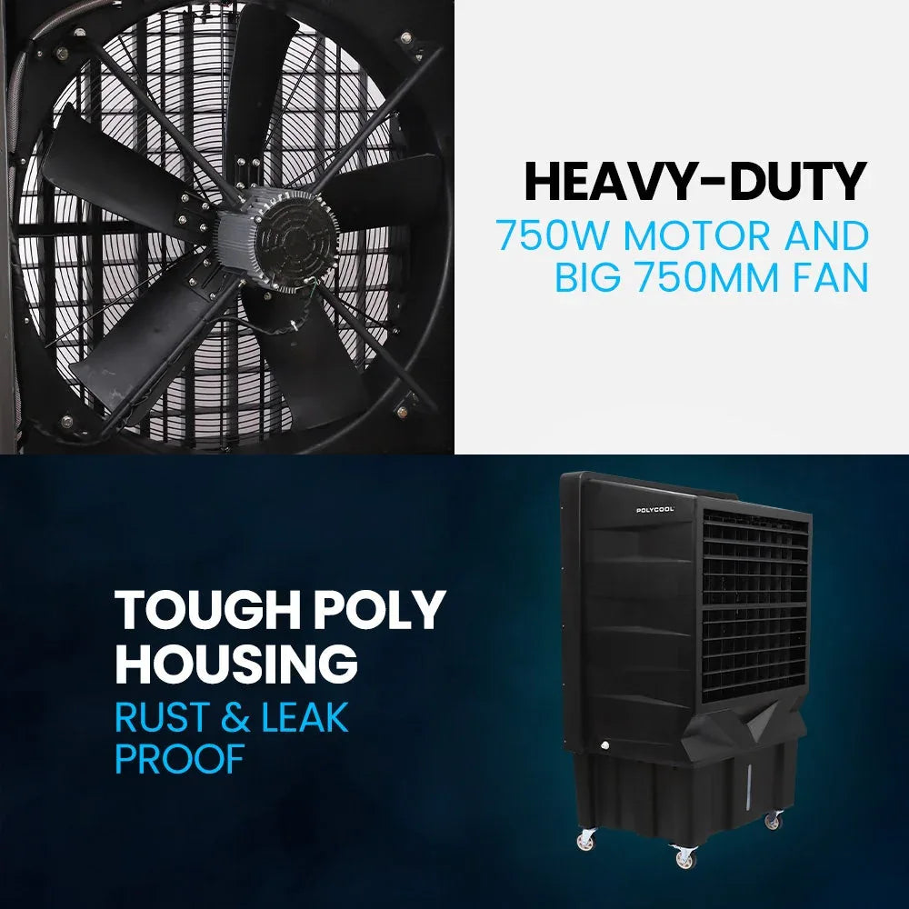 POLYCOOL 130L 750W Evaporative Air Cooler, Commercial Industrial Grade, Remote Control, Purifier, Fan - Mekamart Australia