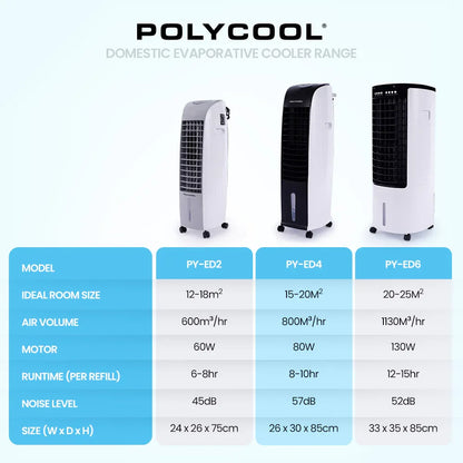 POLYCOOL 8L Portable Evaporative Air Cooler 24 Hour Timer 4 in 1 Cooling Fan, Grey and White - Mekamart Australia