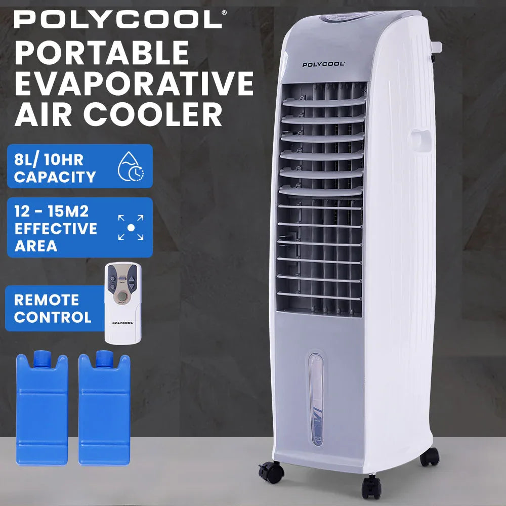 POLYCOOL 8L Portable Evaporative Air Cooler 24 Hour Timer 4 in 1 Cooling Fan, Grey and White - Mekamart Australia