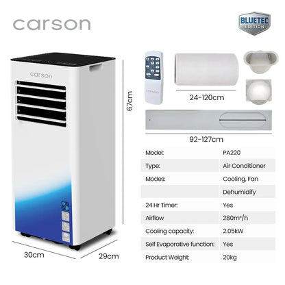 CARSON 2.05kW Portable Air Conditioner, Bluetec Edition, Dehumidifier & Fan Mode, Remote Control, 24hr Timer, Sleep Mode - Mekamart Australia