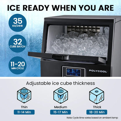 POLYCOOL Commercial Ice Maker Machine, up to 35kg/24hr, Timer & Self Cleaning Programs - Mekamart Australia