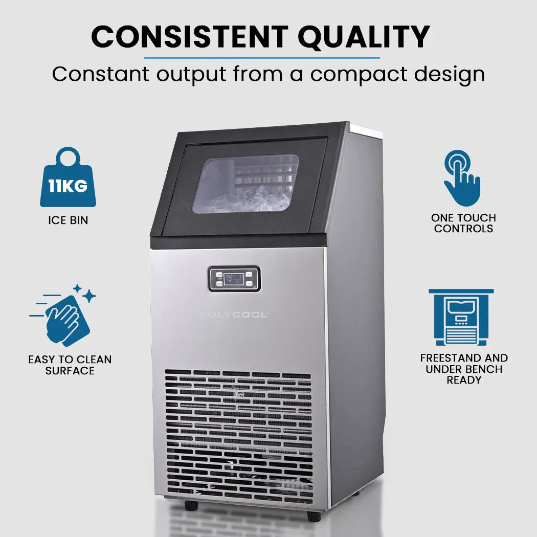 POLYCOOL Commercial Ice Maker Machine, up to 60kg/24hr, Timer & Self Cleaning Programs - Mekamart Australia