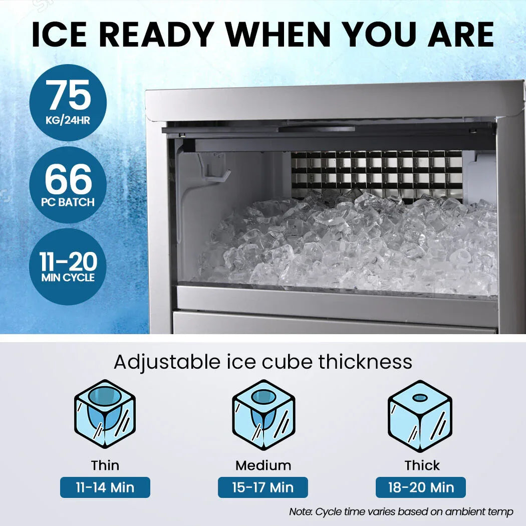POLYCOOL Commercial Ice Maker Machine, up to 75kg/24hr, Timer & Self Cleaning Programs - Mekamart Australia