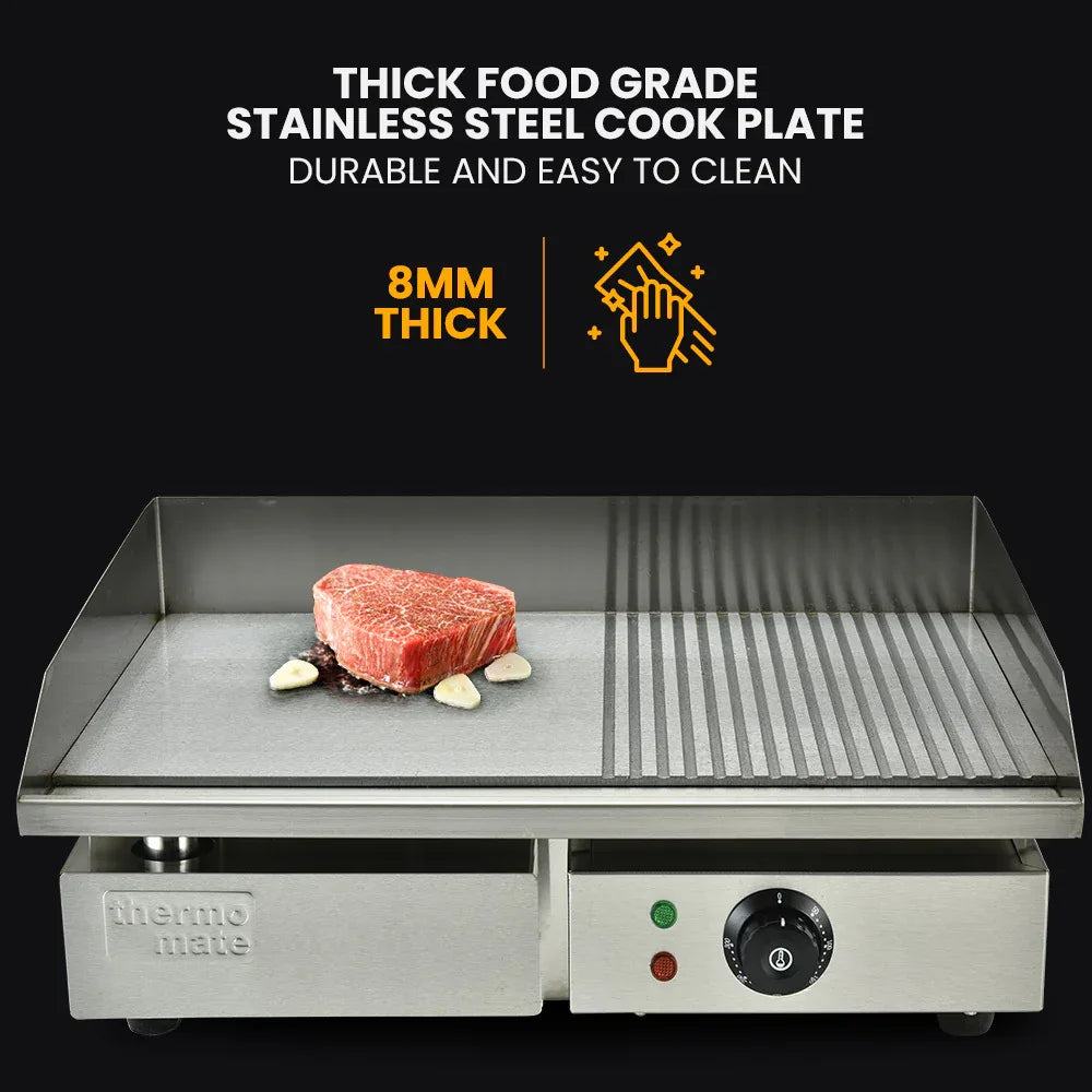 THERMOMATE Commercial Electric Griddle TH-G04, 2400W 55x35cm Half Ribbed Surface - Mekamart Australia