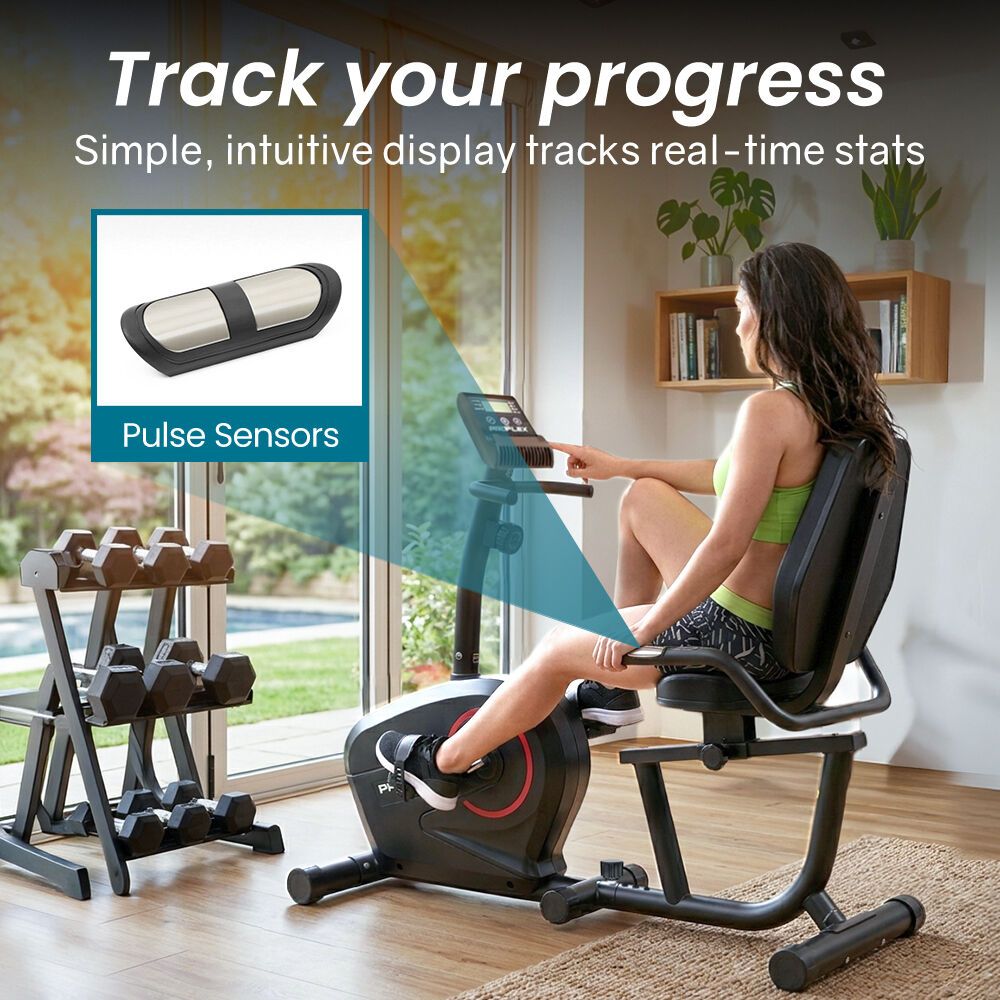 PROFLEX Magnetic Recumbent Exercise Bike, LCD Display, Heart Rate Sensors, Adjustable Seat, 8-Level Resistance, Comfortable Seated Home Cardio Fitness Machine