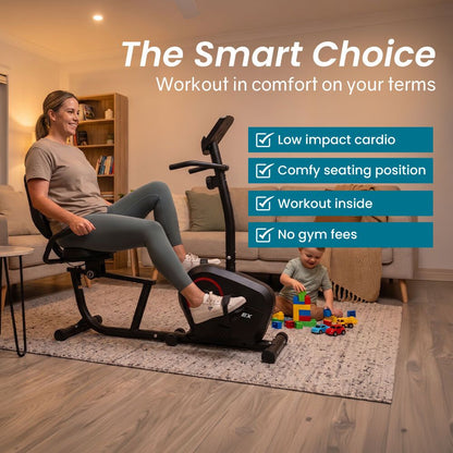 PROFLEX Magnetic Recumbent Exercise Bike, LCD Display, Heart Rate Sensors, Adjustable Seat, 8-Level Resistance, Comfortable Seated Home Cardio Fitness Machine