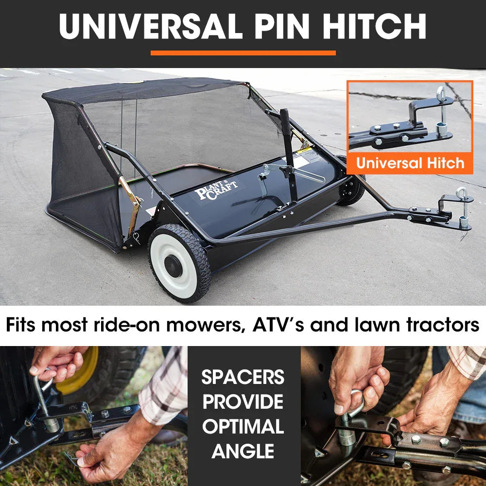PlantCraft Lawn Sweeper 38" Wide, Tow Behind Leaf and Grass Clipping Collector, Universal Hitch for Ride on Mower, Garden Tractor - Mekamart Australia
