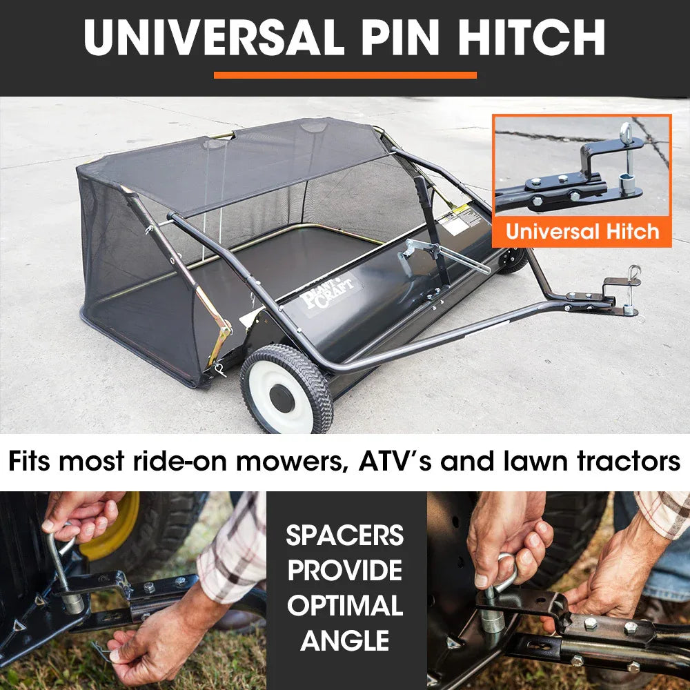 PlantCraft Lawn Sweeper 48" Wide, Tow Behind Leaf and Grass Clipping Collector, Universal Hitch for Ride on Mower, Garden Tractor - Mekamart Australia