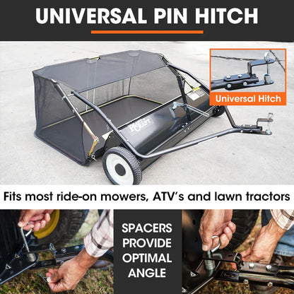 PlantCraft Lawn Sweeper 48" Wide, Tow Behind Leaf and Grass Clipping Collector, Universal Hitch for Ride on Mower, Garden Tractor - Mekamart Australia