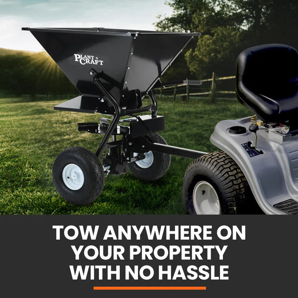 PlantCraft 160L Tow Behind Broadcast Seed and Fertiliser Spreader, 158kg Load, Heavy Duty - Mekamart Australia